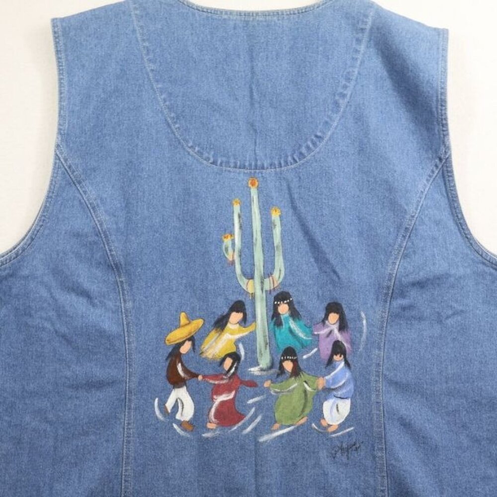 Vintage Hand-Painted Denim Vest Womens 3X Blue Southwest Folk Art Dancing